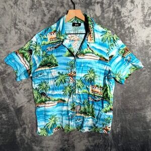 Tapestry Womens Hawaiian Shirt Blue Palm Tree Scenic Cruise Ship Beach Vacation